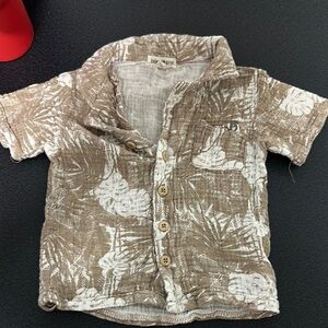 Brown and White Button Down Shirt with Tropical Print
